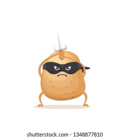 vector cartoon ninja potato character with black super hero mask and ninja knife sai isolated on white background. super funky vegetable food character