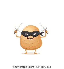 vector cartoon ninja potato character with black super hero mask and ninja knife sai isolated on white background. super funky vegetable food character