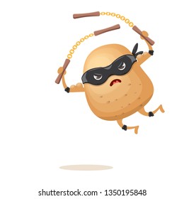 vector cartoon ninja potato character with black super hero mask and ninja nunchucks isolated on white background. super funky kawaii vegetable food character