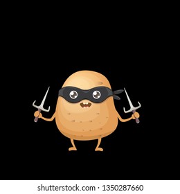 vector cartoon ninja potato character with black super hero mask and ninja knife sai isolated on black background. super funky kawaii vegetable food character