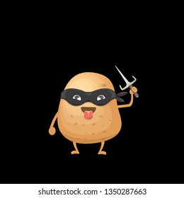 vector cartoon ninja potato character with black super hero mask and ninja knife sai isolated on black background. super funky kawaii vegetable food character