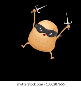 vector cartoon ninja potato character with black super hero mask and ninja knife sai isolated on black background. super funky kawaii vegetable food character