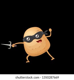 vector cartoon ninja potato character with black super hero mask and ninja knife sai isolated on black background. super funky kawaii vegetable food character