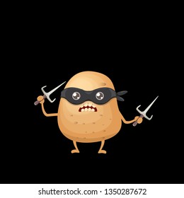 vector cartoon ninja potato character with black super hero mask and ninja knife sai isolated on black background. super funky kawaii vegetable food character