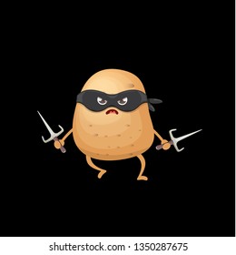 vector cartoon ninja potato character with black super hero mask and ninja knife sai isolated on black background. super funky kawaii vegetable food character