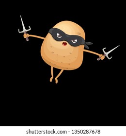 vector cartoon ninja potato character with black super hero mask and ninja knife sai isolated on black background. super funky kawaii vegetable food character