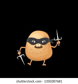 vector cartoon ninja potato character with black super hero mask and ninja knife sai isolated on black background. super funky kawaii vegetable food character