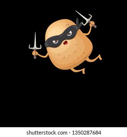 vector cartoon ninja potato character with black super hero mask and ninja knife sai isolated on black background. super funky kawaii vegetable food character