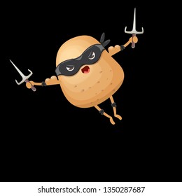 vector cartoon ninja potato character with black super hero mask and ninja knife sai isolated on black background. super funky kawaii vegetable food character