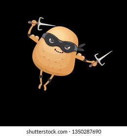 vector cartoon ninja potato character with black super hero mask and ninja knife sai isolated on black background. super funky kawaii vegetable food character