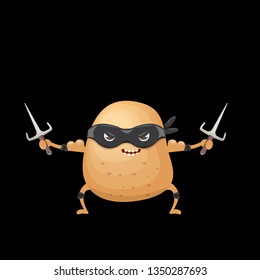 vector cartoon ninja potato character with black super hero mask and ninja knife sai isolated on black background. super funky kawaii vegetable food character