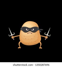 vector cartoon ninja potato character with black super hero mask and ninja knife sai isolated on black background. super funky kawaii vegetable food character