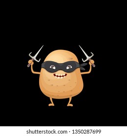 vector cartoon ninja potato character with black super hero mask and ninja knife sai isolated on black background. super funky kawaii vegetable food character