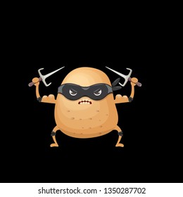 vector cartoon ninja potato character with black super hero mask and ninja knife sai isolated on black background. super funky kawaii vegetable food character