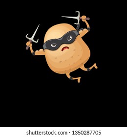 vector cartoon ninja potato character with black super hero mask and ninja knife sai isolated on black background. super funky kawaii vegetable food character