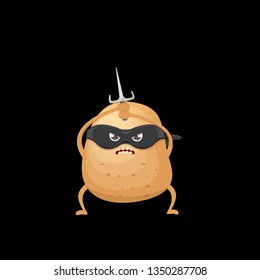 vector cartoon ninja potato character with black super hero mask and ninja knife sai isolated on black background. super funky kawaii vegetable food character