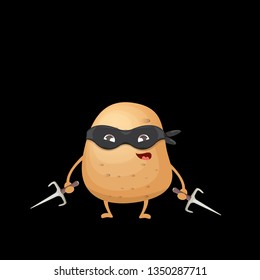 vector cartoon ninja potato character with black super hero mask and ninja knife sai isolated on black background. super funky kawaii vegetable food character