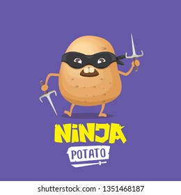 vector cartoon ninja potato character with black super hero mask and ninja knife sai isolated on violet background. super ninja kawaii vegetable food character