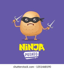 vector cartoon ninja potato character with black super hero mask and ninja knife sai isolated on violet background. super ninja kawaii vegetable food character