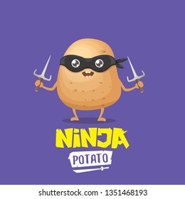 vector cartoon ninja potato character with black super hero mask and ninja knife sai isolated on violet background. super ninja kawaii vegetable food character