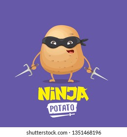 vector cartoon ninja potato character with black super hero mask and ninja knife sai isolated on violet background. super ninja kawaii vegetable food character