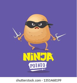 vector cartoon ninja potato character with black super hero mask and ninja knife sai isolated on violet background. super ninja kawaii vegetable food character