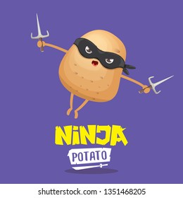 vector cartoon ninja potato character with black super hero mask and ninja knife sai isolated on violet background. super ninja kawaii vegetable food character