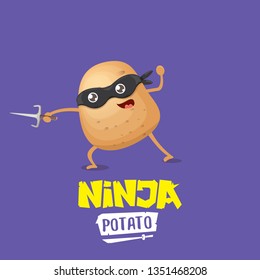 vector cartoon ninja potato character with black super hero mask and ninja knife sai isolated on violet background. super ninja kawaii vegetable food character