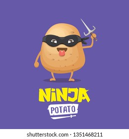 vector cartoon ninja potato character with black super hero mask and ninja knife sai isolated on violet background. super ninja kawaii vegetable food character