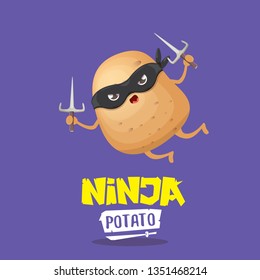 vector cartoon ninja potato character with black super hero mask and ninja knife sai isolated on violet background. super ninja kawaii vegetable food character