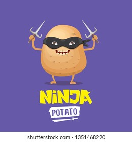 vector cartoon ninja potato character with black super hero mask and ninja knife sai isolated on violet background. super ninja kawaii vegetable food character