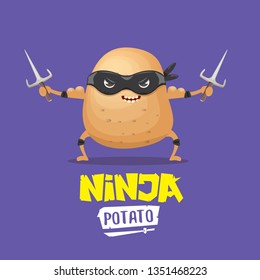 vector cartoon ninja potato character with black super hero mask and ninja knife sai isolated on violet background. super ninja kawaii vegetable food character