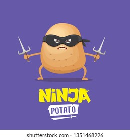 vector cartoon ninja potato character with black super hero mask and ninja knife sai isolated on violet background. super ninja kawaii vegetable food character