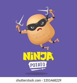 vector cartoon ninja potato character with black super hero mask and ninja knife sai isolated on violet background. super ninja kawaii vegetable food character