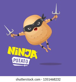 vector cartoon ninja potato character with black super hero mask and ninja knife sai isolated on violet background. super ninja kawaii vegetable food character