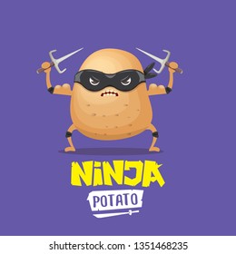 vector cartoon ninja potato character with black super hero mask and ninja knife sai isolated on violet background. super ninja kawaii vegetable food character