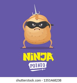 vector cartoon ninja potato character with black super hero mask and ninja knife sai isolated on violet background. super ninja kawaii vegetable food character