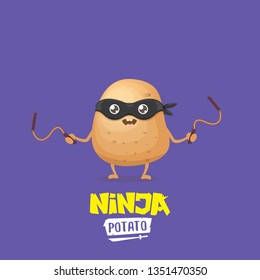 vector cartoon ninja potato character with black super hero mask and ninja nunchucks isolated on violet background. super ninja kawaii vegetable food character