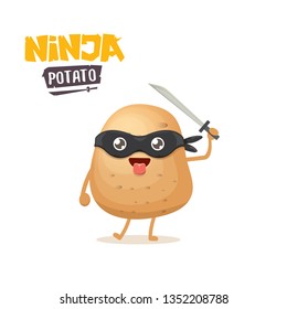 vector cartoon ninja potato character with black super hero mask and ninja katana sword isolated on white background. super ninja kawaii vegetable food character 