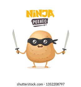 vector cartoon ninja potato character with black super hero mask and ninja katana sword isolated on white background. super ninja kawaii vegetable food character 