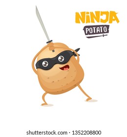 vector cartoon ninja potato character with black super hero mask and ninja katana sword isolated on white background. super ninja kawaii vegetable food character 