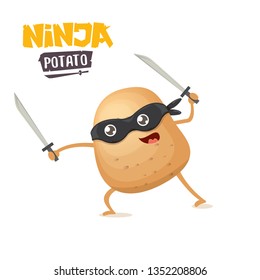 vector cartoon ninja potato character with black super hero mask and ninja katana sword isolated on white background. super ninja kawaii vegetable food character 
