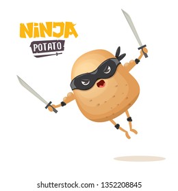 vector cartoon ninja potato character with black super hero mask and ninja katana sword isolated on white background. super ninja kawaii vegetable food character 