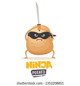 vector cartoon ninja potato character with black super hero mask and ninja katana sword isolated on white background. super ninja kawaii vegetable food character 