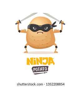 vector cartoon ninja potato character with black super hero mask and ninja katana sword isolated on white background. super ninja kawaii vegetable food character 