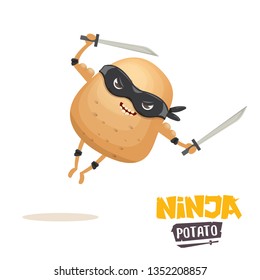 vector cartoon ninja potato character with black super hero mask and ninja katana sword isolated on white background. super ninja kawaii vegetable food character 