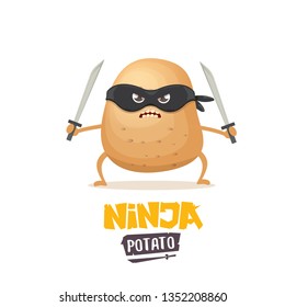 vector cartoon ninja potato character with black super hero mask and ninja katana sword isolated on white background. super ninja kawaii vegetable food character 