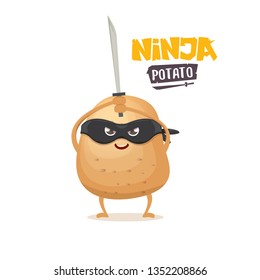 vector cartoon ninja potato character with black super hero mask and ninja katana sword isolated on white background. super ninja kawaii vegetable food character 