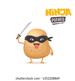 vector cartoon ninja potato character with black super hero mask and ninja katana sword isolated on white background. super ninja kawaii vegetable food character 