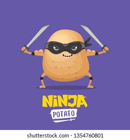 vector cartoon ninja potato character with black super hero mask and ninja katana sword isolated on violet background. super ninja kawaii vegetable food character